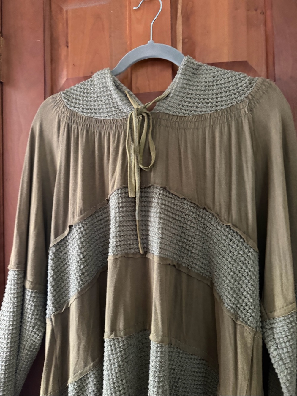 POL Boho Olive Green Knit-Paneled Tunic with Tie Neck
